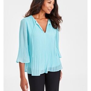 JM Collection Blue/Teal Bell Sleeve Flowy Blouse with Tie Front Size 1X